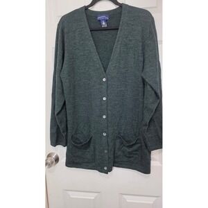Charter Club Cardigan Womens L Green Merino Wool Button Front V-Neck Sweater